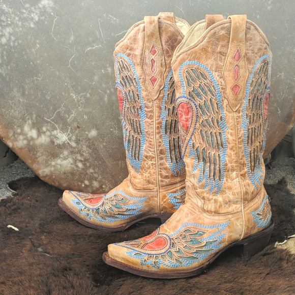 CORRAL A1976 wings & hearts distressed tan leather cowgirl boots snip toe sz 7 - Picture 4 of 16